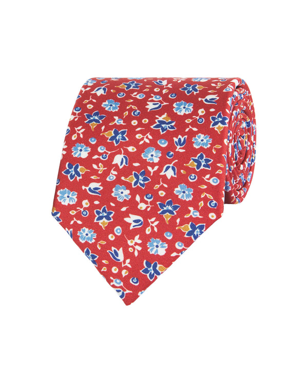 Red floral print twill tie by MIRTO