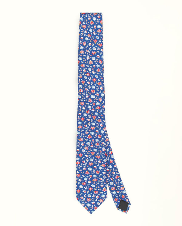 Navy blue floral print twill tie by MIRTO