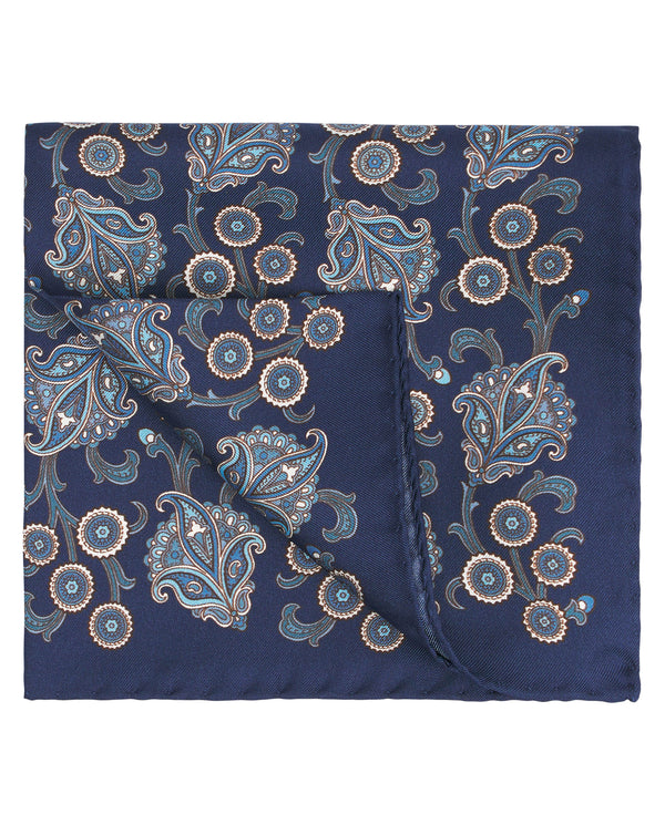 Navy blue silk print pocket square by MIRTO