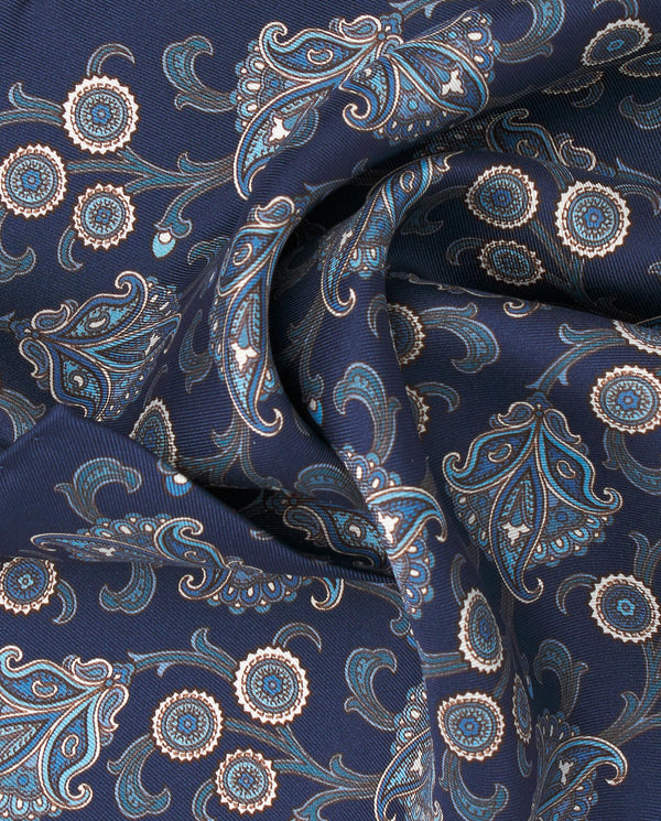 Navy blue silk print pocket square by MIRTO